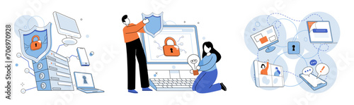 Cyber security vector illustration. Secure access to systems and information is essential for maintaining privacy Firewall software acts as protective barrier against cyber threats Tech professionals
