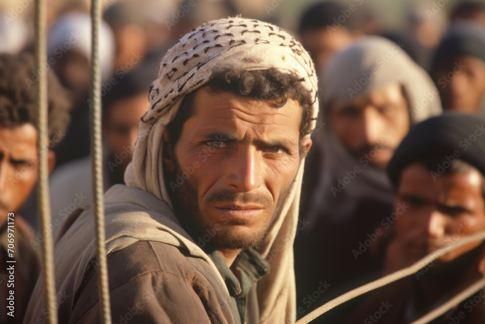 A close-up portrait of a man with a piercing gaze looking through a fence, with others gathered in the background.