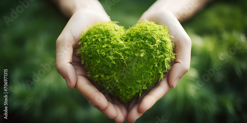Green grass heart shape is on green background , Love nature and save the environment hands holding green heart shaped leaf, Green moss heart shape on white surface, generative AI