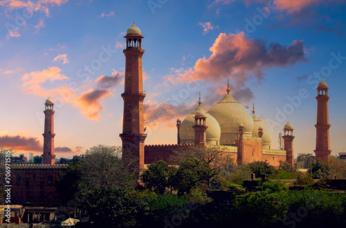 Sunrise or Sunset at Badshahi Mosque, Lahore, Pakistan, with Warm Sky and Mughal Architecture