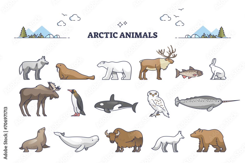 Fototapeta premium Arctic animals collection with cold north environment wildlife outline set, transparent background. Frozen nature habitat for penguins, wolfs, seal, bear, reindeer and seals illustration.