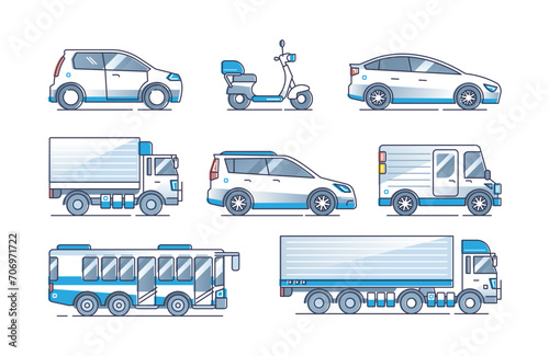 Electric cars set with various battery powered vehicles outline collection, transparent background. Rechargeable futuristic design scooter, truck, sedan and bus illustration.