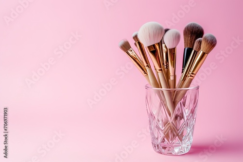 Set of professional makeup brushes, Pink background, copy space photo