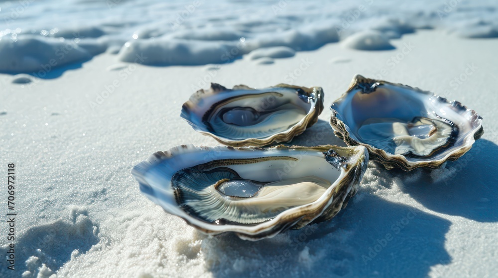 Fresh raw oysters on white sand. Generative AI