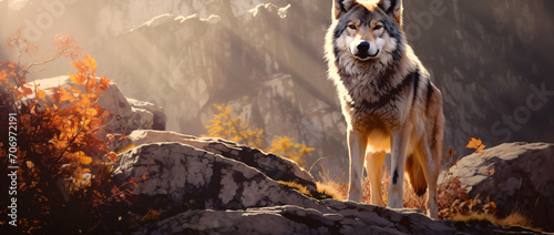 The wolf standing in forest with sun shining on the rocky ground, in the style of warm color palette, photo-realistic landscapes, dark gold and red, caninecore, close up, large canvas format, light vi photo