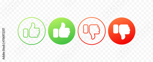 Like and dislike icons. Flat, green likes thumbs up, red dislikes thumbs down icons. Vector icons