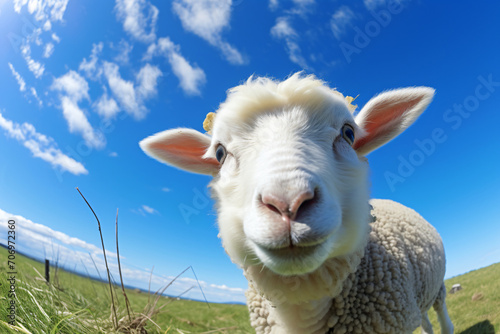 Sheep on a green grassy field, in the style of fish-eye lens, light sky-blue, wimmelbilder, child-like innocence, 3840x2160, shiny eyes, dau al set

 photo