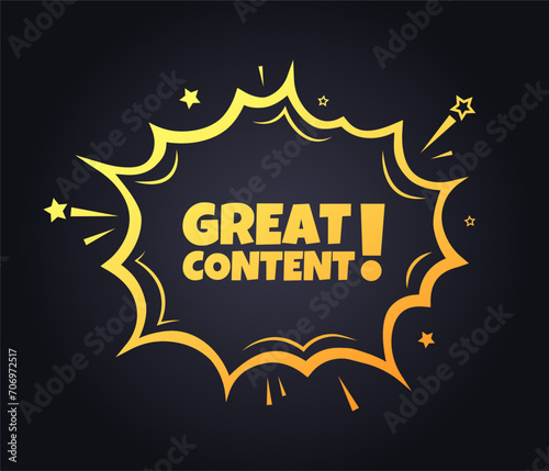 Great content sign. Flat, yellow, explosion sign, great content sign. Vector icon