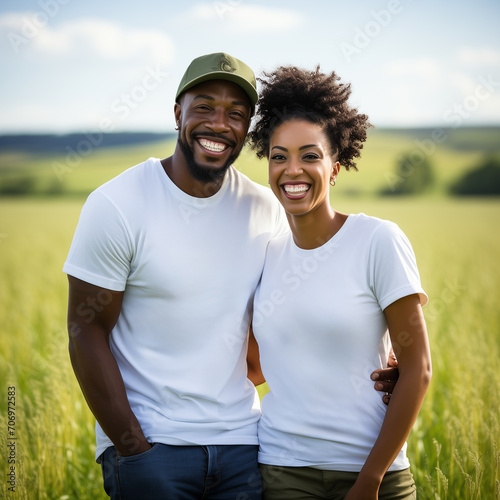 african american black couple in park, arms around each other, direct eye contact, healthy and happy, countryside background, wearing plain white tshirts, hands in pockets, Gen x, millenials portraits photo