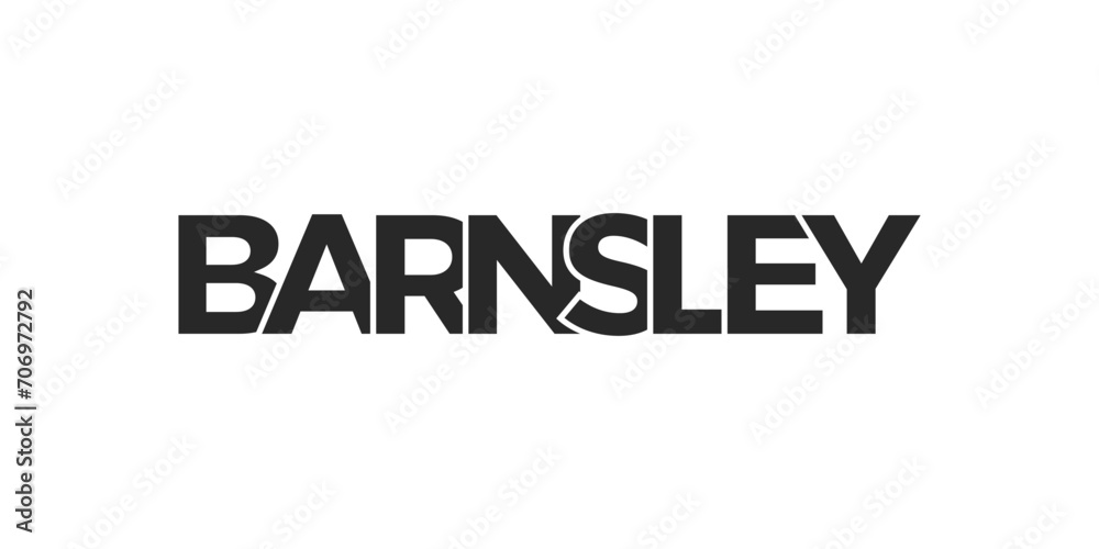Barnsley city in the United Kingdom design features a geometric style illustration with bold typography in a modern font on white background.