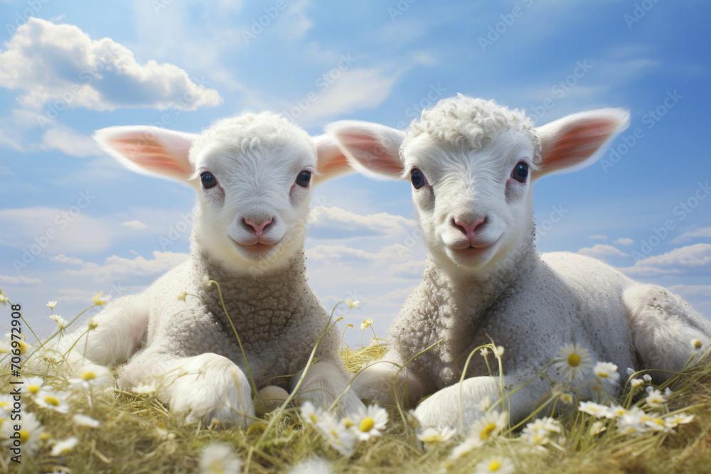 Lambs grazing in a field on sunny day, in the style of forced perspective, modern, eye-catching
Lambs grazing in a field on sunny day, in the style of forced perspective, modern, eye-catching