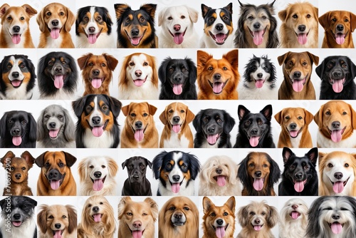 Dogs of different breeds collage. Cute doggies or pets are looking happy isolated on colorful or gradient background. Studio photoshoots. Flyer for your ad, Generative ai photo