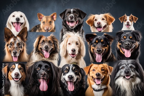 Dogs of different breeds collage. Cute doggies or pets are looking happy isolated on colorful or gradient background. Studio photoshoots. Flyer for your ad, Generative ai © Анатолий Савицкий