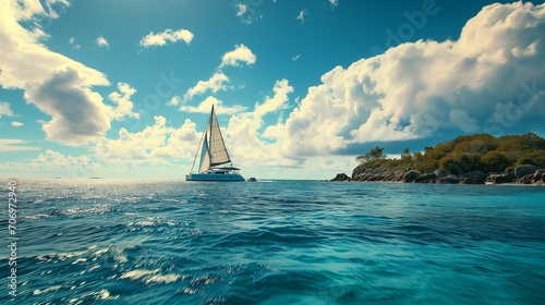 A panoramic scene of a catamaran sailing in the turquoise sea, beneath a sunny blue sky with scattered clouds, and a beautiful tropical island looming on the horizon