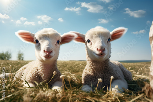 Lambs grazing in a field on sunny day, in the style of forced perspective, modern, eye-catching