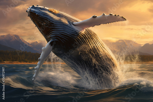 Humpback whale booing off the bay, in the style of photorealistic fantasies, backlight, photo-realistic landscapes, realistic animal portraits, shaped canvas, wimmelbilder, lively movement portrayal