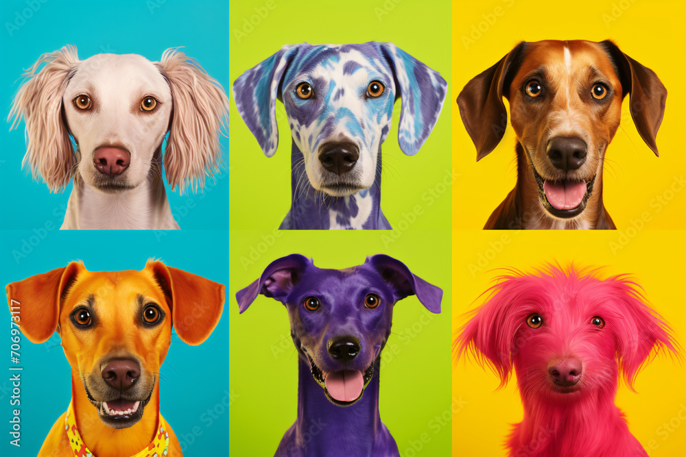 Several photos with dogs in four different colors, in the style of emotive facial expressions, saturated color field, focus stacking, bold, colorful, large-scale, wimmelbilder, cute and colorful
Several photos with dogs in four different colors, in the style of emotive facial expressions, saturated color field, focus stacking, bold, colorful, large-scale, wimmelbilder, cute and colorful