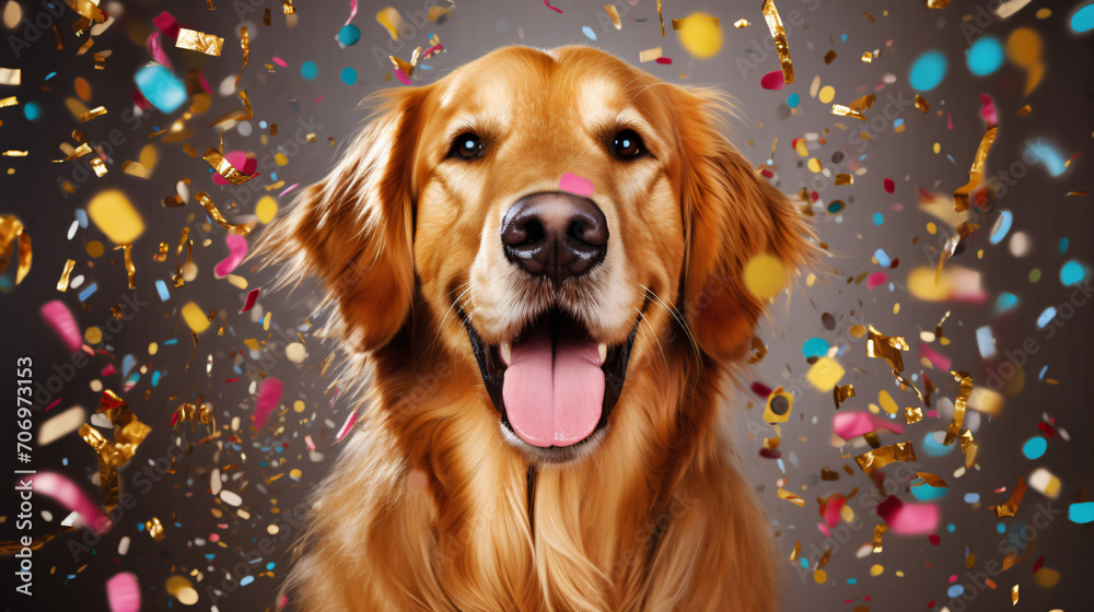 Golden Retriever dog with confetti