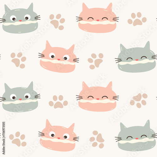 Cute hand drawn funny seamless vector pattern background illustration with pastel cartoon cat macarons and paws 