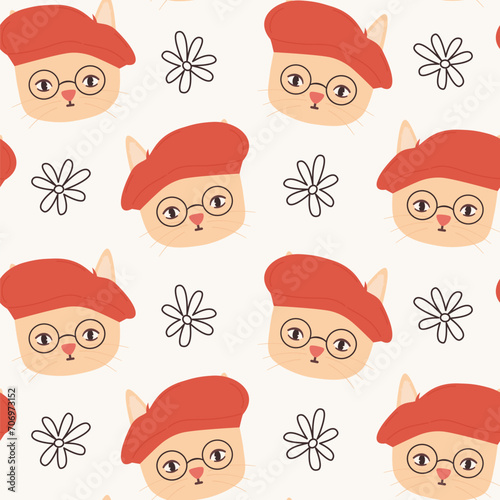 Cute hand drawn seamless vector pattern background illustration with cartoon character cat with red french hat and daisy flowers
