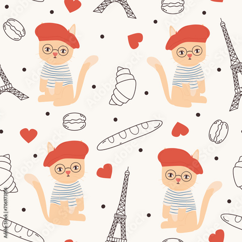 Cute hand drawn seamless vector pattern background illustration with cartoon character french cat, eiffel tower, red hearts and other parisian elements and symbols