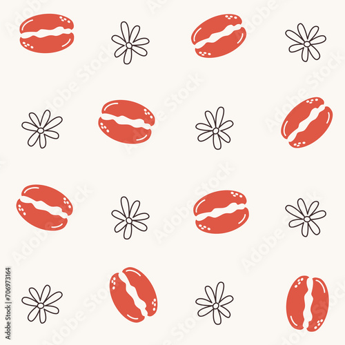 Cute hand drawn seamless vector pattern background illustration with red macarons and daisy flowers