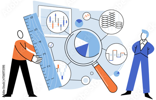 Key metrics. Vector illustration. Key metrics help evaluate efficiency marketing campaigns Success in finance depends on analyzing financial metrics and making data-driven decisions Statistics play