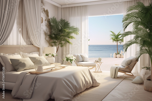 The bedroom design has an orange background with a spacious room and a view of the beach outside the window. Modern minimalist bedroom interior design. The room decoration is aesthetically luxurious a © kingengine