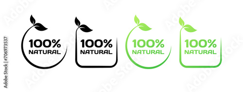 100% natural stamps. Flat, green, icon set 100% natural. Vector icons