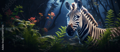 A white spotted zebra is looking out from the plants  in the style of photo-realistic landscapes  dramatic lighting effects  