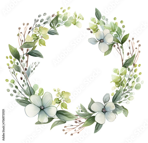 Beautiful vector watercolor wreath with eucalyptus branches and flowers © Oksana