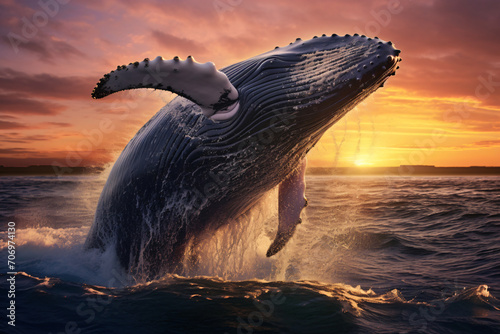 Humpback whale booing off the bay, in the style of photorealistic fantasies, backlight, photo-realistic landscapes, realistic animal portraits, shaped canvas, wimmelbilder, lively movement portrayal
