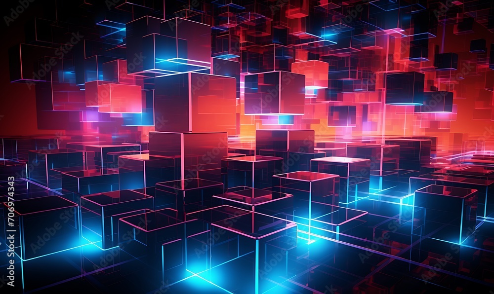 Obraz premium An array of glowing, neon squares, creating an abstract digital landscape Abstract, neon squares, digital landscape. Generative Ai