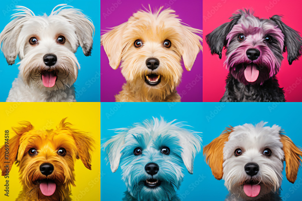 Dogs' headshots in one color, in the style of colorful composition, playful expressions, focus stacking, contrasting backgrounds, human emotions, bright color blocks, photo-realistic hyperbole