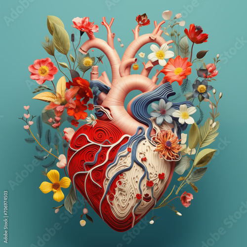 Anatomical heart and flowers, unusual carling heart image , multicolored heart with flowers around on dark background  photo