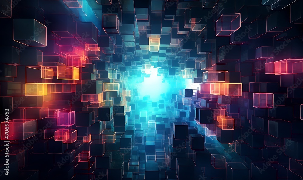 Obraz premium An array of glowing, neon squares, creating an abstract digital landscape Abstract, neon squares, digital landscape. Generative Ai