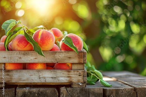 Fresh peaches in a wooden box on a table  blurred nature background