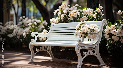 Fototapeta Naklejka Na Ścianę i Meble -  Close-up of empty white garden bench in garden in summer surrounded by blooming plants and flowers. Exterior of garden plot, background for furniture store, copy space, Generative ai