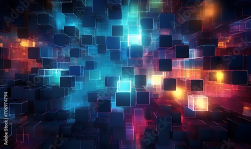 An array of glowing, neon squares, creating an abstract digital landscape Abstract, neon squares, digital landscape. Generative Ai