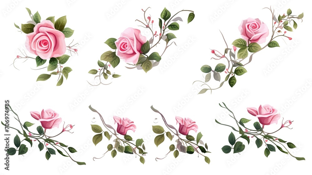 Spring sakura cherry blooming flowers bouquet. Isolated realistic pink petals, blossom, branches, leaves vector set. Design spring tree illustration,generative ai