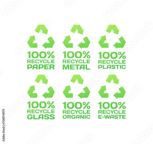 100% recycle icons. Flat, green, 100% recycle paper, metal, plastic, glass, organic, e-waste icons, 100% recycle signs. Vector icons