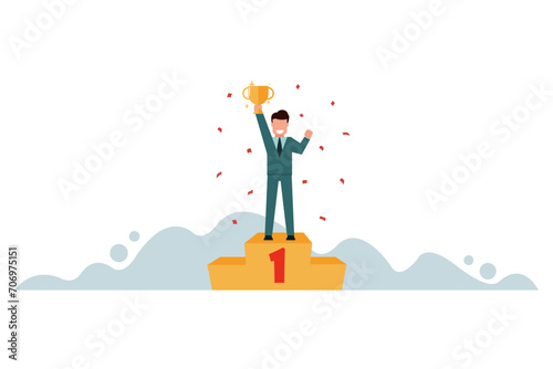 Happy businessman holding a trophy on the podium. A businessman who wins from competition. Business career success concept and pride of victory. Vector illustration flat design style photo