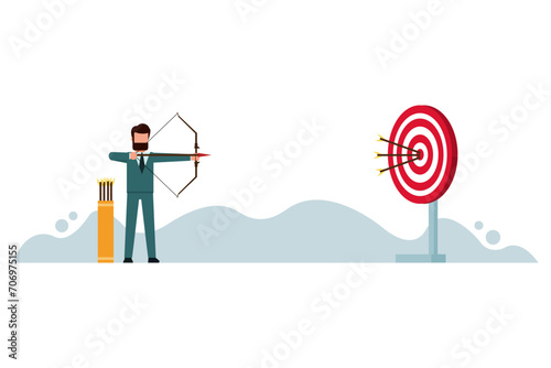 A confident businessman shoots an arrow at a target. Ambitious and challenging to succeed in business. Career development and motivation to achieve great goals or goals concept. Vector illustration