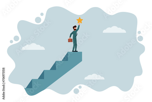 A businessman tries to climb the ladder to grab the star of success. A man who expects business success. The concept of success or achieving business goals. Rewards and Incentives. Vector illustration
