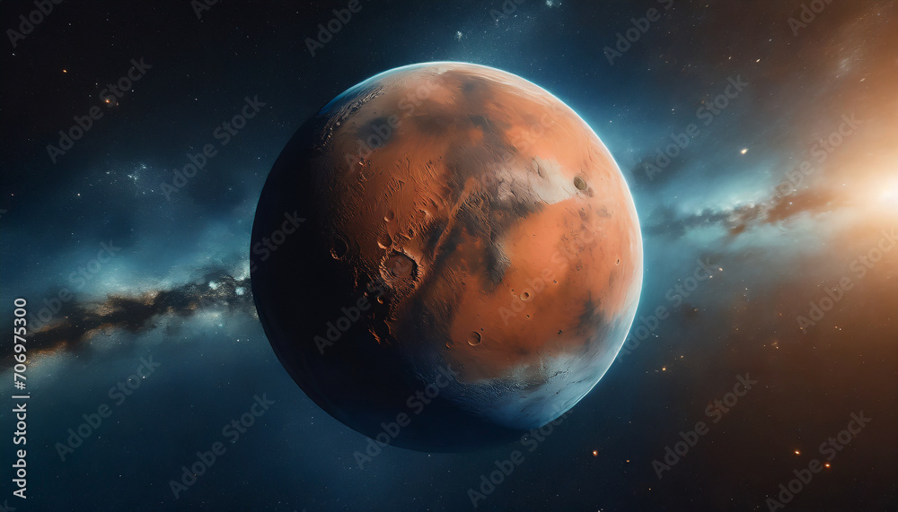 Mars,red planet with detailed surface features and craters in deep blurred space. Blue Earth planet in outer space.Mars and earth concept.Copy space. - obrazy, fototapety, plakaty 