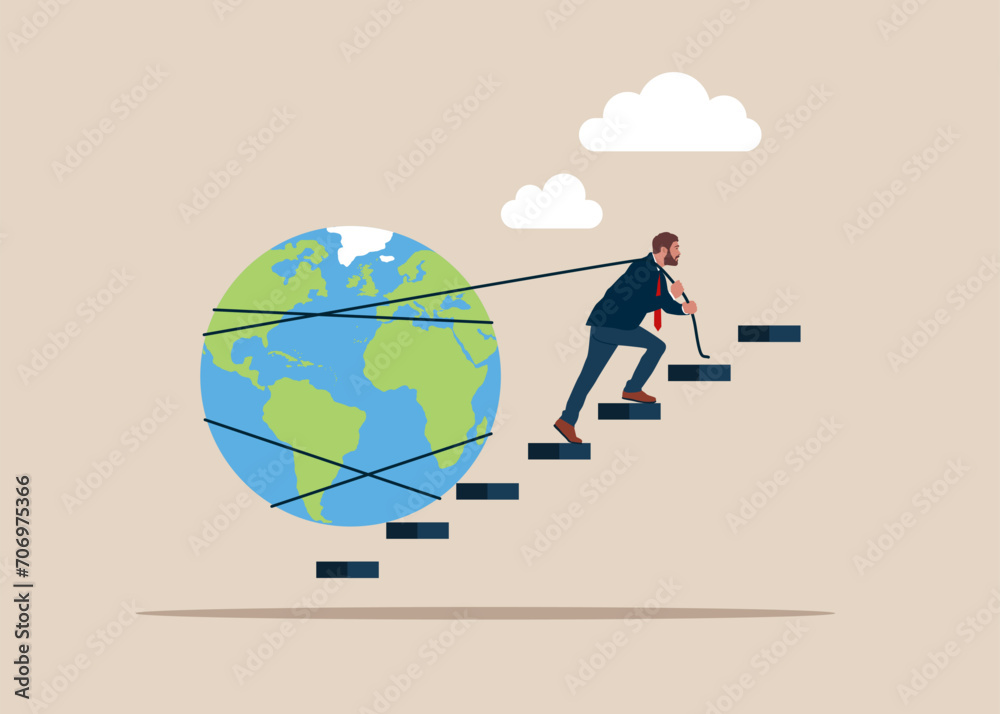 Businessman pulling heavy earth up stair case. Running on the growing world. Open the world of business. Modern vector illustration in flat style Businessman pulling heavy earth up stair case. Running on the growing world. Open the world of business. Modern vector illustration in flat style