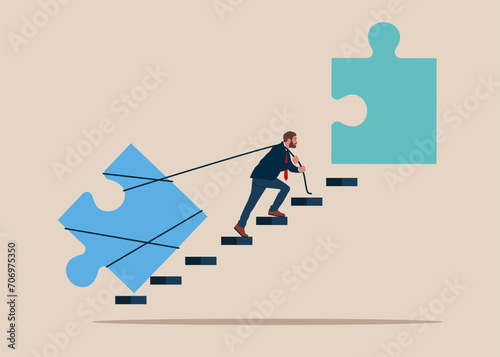 Businessman pulling heavy puzzle element up stair case. Symbol of working together, cooperation. Team metaphor and teamwork concept. Flat vector illustration. 