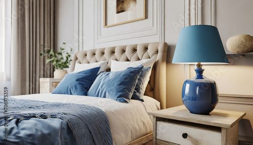 A blue ceramic lamp on nightstand near bed with beige fabric headboard and blue pillows and blanket. French country,interior design of modern bedroom. photo