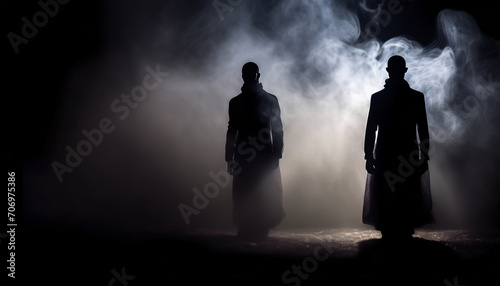 Silhouette of ghosts,people spirits on a dark background. And his shadow in smoke.death day concept, copy space.
