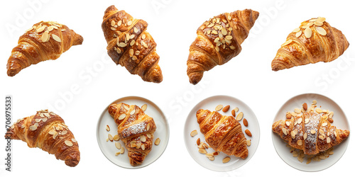 Almond croissant set in 3d without backoground png for decoration. Created using generative AI.
